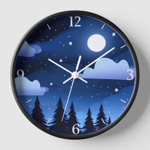Moonscape with Stars  Pine Trees  Clock