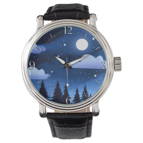 Moonscape with Stars  Pine Trees  Watch