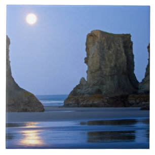 Moonset, Bandon Beach, Oregon. Ceramic Tile