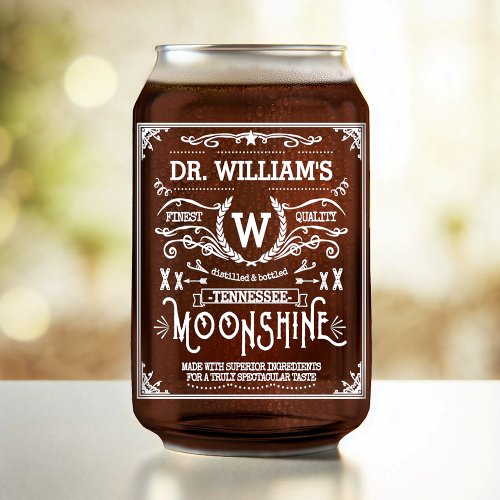 Moonshine Custom Name Monogram Vintage Look White Can Glass