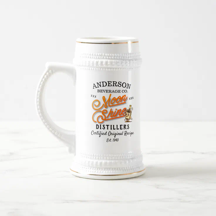 Moonshine Distillers Name Gold Script Original Beer Stein | Zazzle
