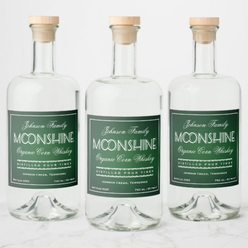 Moonshine Emerald Green and White Liquor Bottle Label