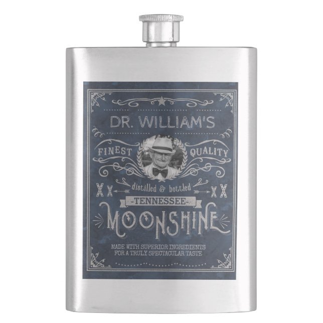 Moonshine Hillbilly Medicine Vintage Custom Blue Hip Flask (Front)