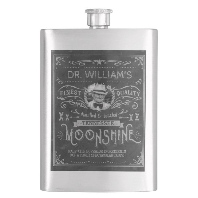 Moonshine Hillbilly Medicine Vintage Custom Gray Hip Flask (Front)