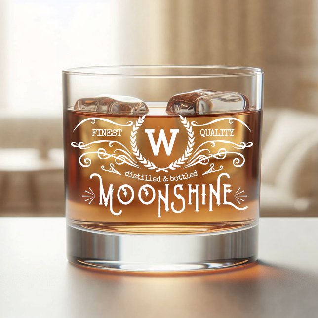 Moonshine Personalized Monogram Vintage Look White Whiskey Glass (Creator Uploaded)