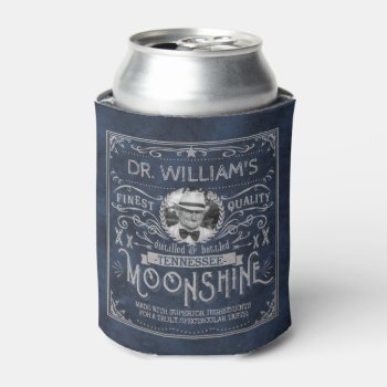 Moonshine Vintage Hillbilly Medicine Custom Blue Can Cooler by FunnyTShirtsAndMore at Zazzle