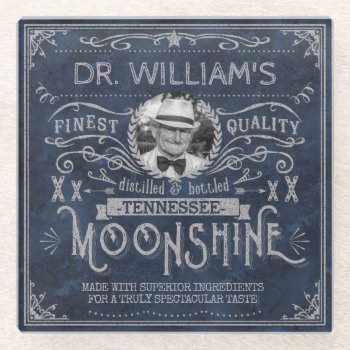 Moonshine Vintage Hillbilly Medicine Custom Blue Glass Coaster by FunnyTShirtsAndMore at Zazzle