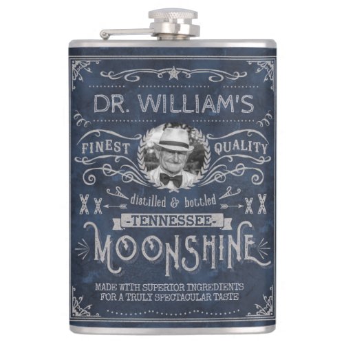 Moonshine Vintage Hillbilly Medicine Custom Blue Hip Flask