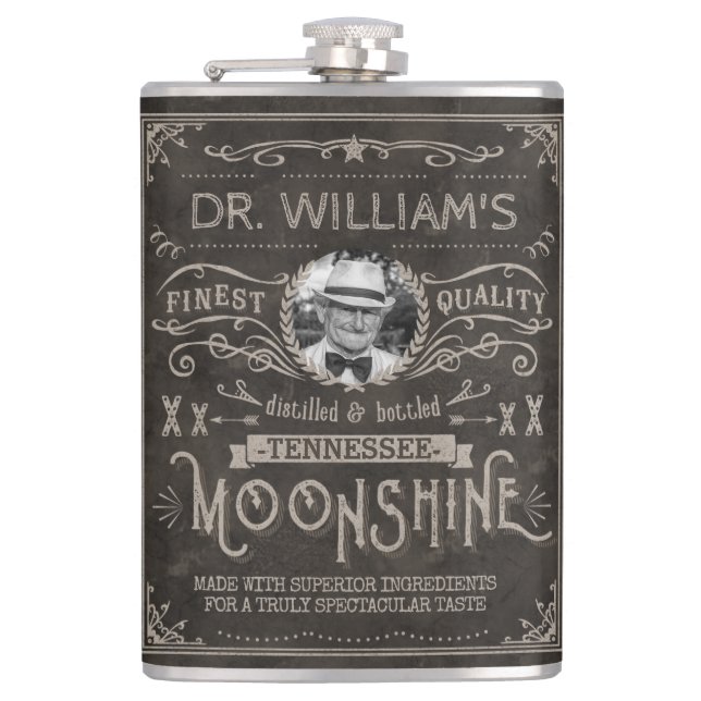 Moonshine Vintage Hillbilly Medicine Custom Brown Hip Flask (Front)