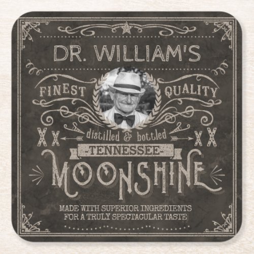 Moonshine Vintage Hillbilly Medicine Custom Brown Square Paper Coaster