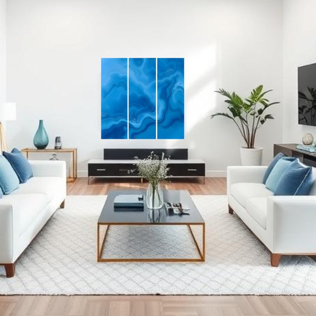 Moonstone Blue Triptych (Blue Moonstone Wall Art, Modern Abstract blue water ocean )