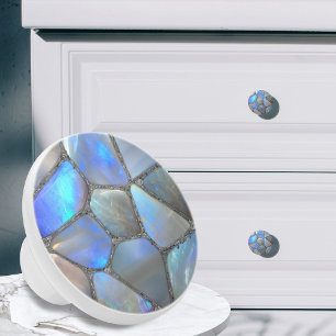 Moonstone Gem and silver- Mosaic Cells Abstract Ceramic Knob