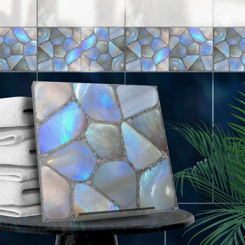 Moonstone Gem and silver_ Mosaic Cells Abstract Ceramic Tile