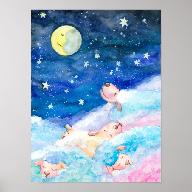 Moony Sheep | Cute Watercolor Art for Kids Poster (Front)