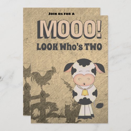 MOOO LOOK Whos Two Vintage Cow Farm Birthday Invitation