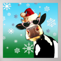 Moooootiful Christmas Cow Santa Hat Poster