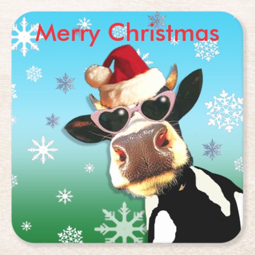 Moooootiful Christmas Cow Santa Hat Square Paper Coaster