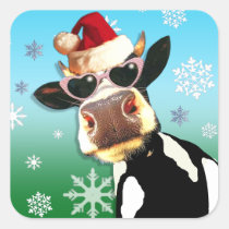 Moooootiful Christmas Cow Santa Hat Square Sticker