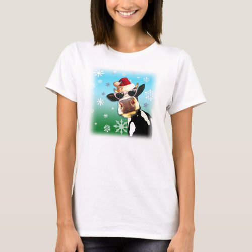 Moooootiful Christmas Cow Santa Hat T_Shirt