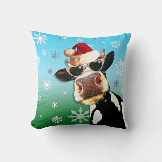 Moooootiful Christmas Cow Santa Hat Throw Pillow (Front)