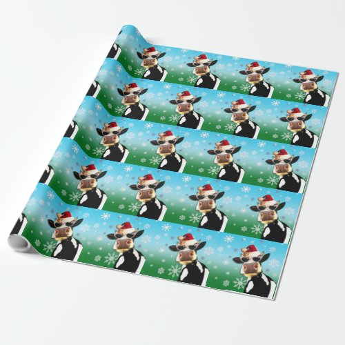 Moooootiful Christmas Cow Santa Hat Wrapping Paper