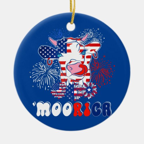 Moorica Funny Cow Sunflowers American Famer Flag Ceramic Ornament