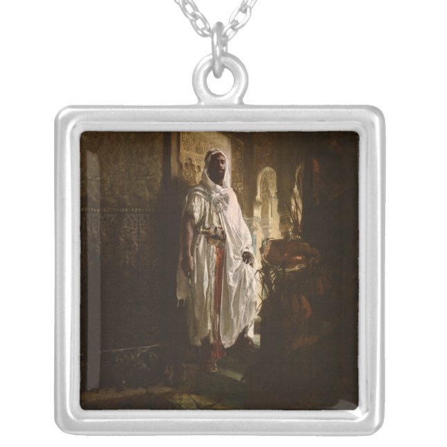 Moorish Chief African Art Painting Portrait Silver Plated Necklace (Front)