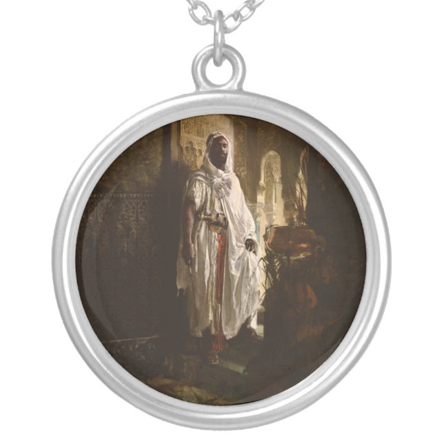 Moorish Chief African Art Painting Portrait Silver Plated Necklace (Front)