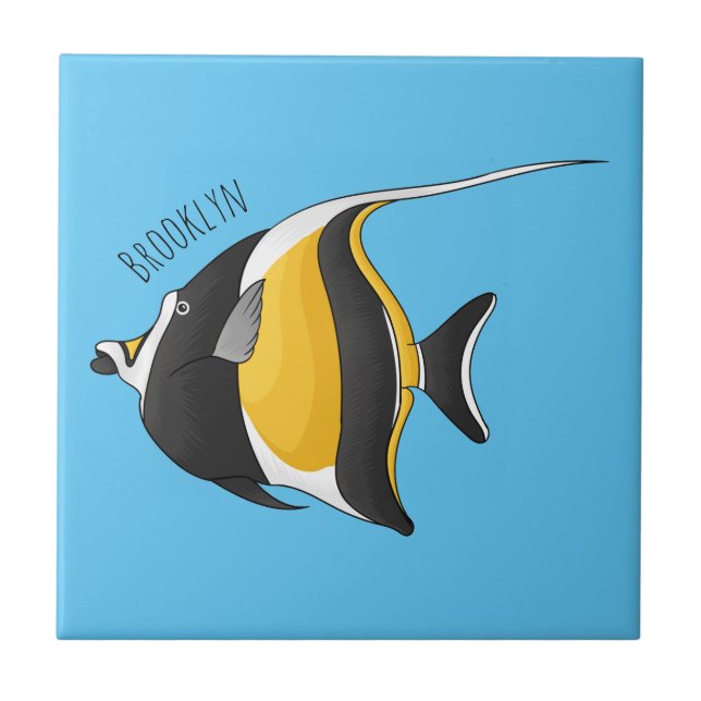 Moorish idol fish cartoon illustration  ceramic tile (Front)