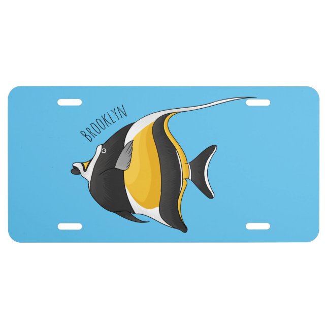 Moorish idol fish cartoon illustration license plate (Front)