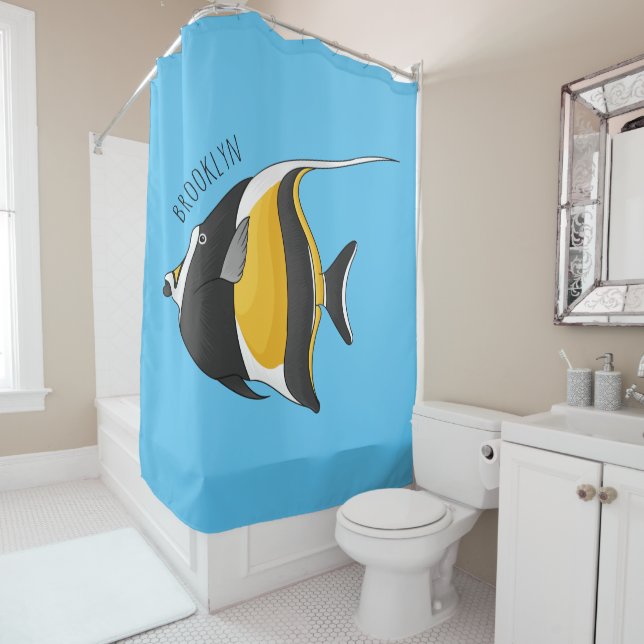 Moorish idol fish cartoon illustration shower curtain (In Situ)