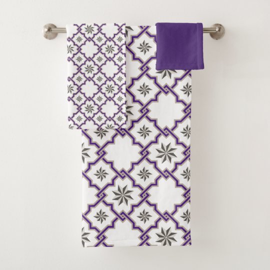 Moorish Pattern in Purple & Gray on White Bath Towel Set ...