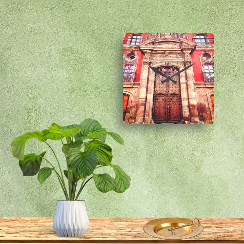 Moorish San Miguel de Allende Brown  Orange Door Square Wall Clock