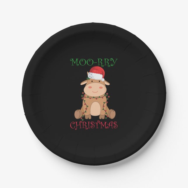 Moorry Christmas Cow Santa Christmas Puns Animals Paper Plates (Front)