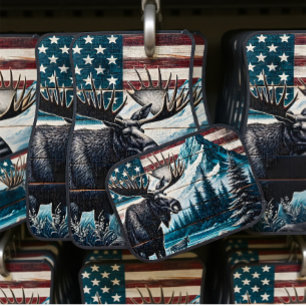 Moose Against Mountain and Flag Background Car Floor Mat