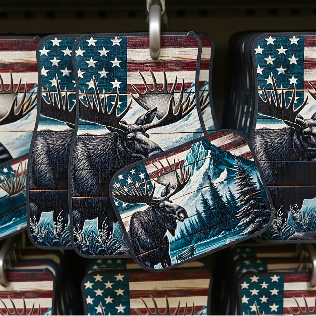 Moose Against Mountain and Flag Background Car Floor Mat (Creator Uploaded)