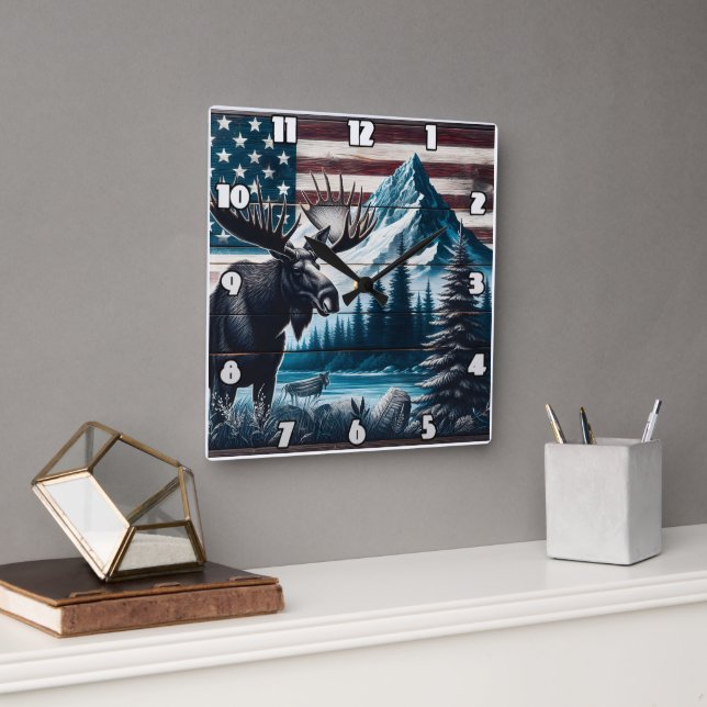 Moose Against Mountain and Flag Background Square Wall Clock (Office)