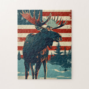 Moose American Flag Vintage Jigsaw Puzzle