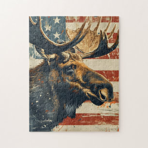 Moose American Flag Vintage Jigsaw Puzzle