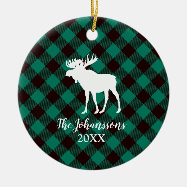 Moose and Buffalo Green Plaid Pattern Christmas Ceramic Ornament (Front)