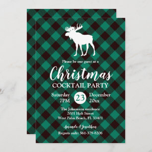 Moose and Buffalo Green Plaid Pattern Christmas Invitation
