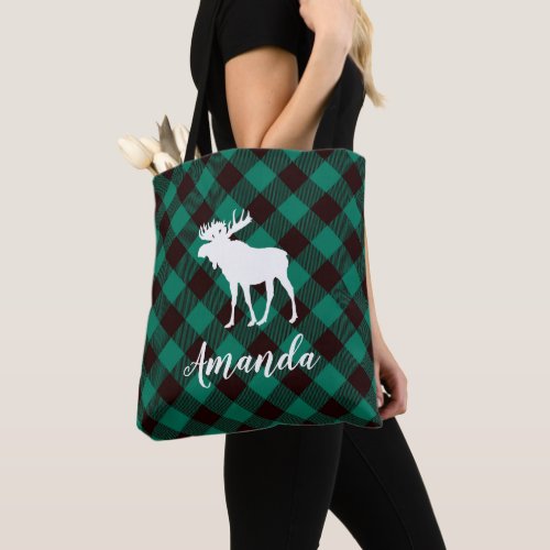 Moose and Buffalo Green Plaid Pattern Christmas Tote Bag