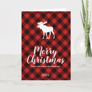 Moose and Buffalo Red and Black Plaid Christmas Holiday Card