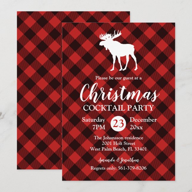 Moose and Buffalo Red and Black Plaid Christmas Invitation (Front/Back)