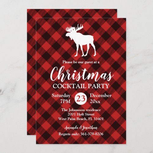 Moose and Buffalo Red and Black Plaid Christmas Invitation