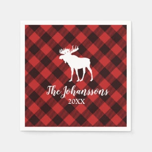Moose and Buffalo Red and Black Plaid Christmas Paper Napkins