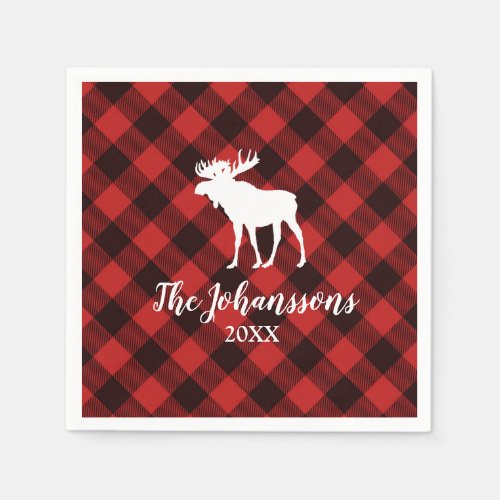 Moose and Buffalo  Red and Black Plaid Christmas Paper Napkins