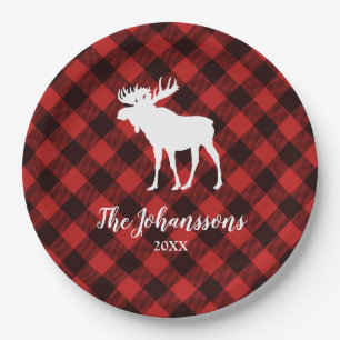Moose and Buffalo Red and Black Plaid Christmas Paper Plates