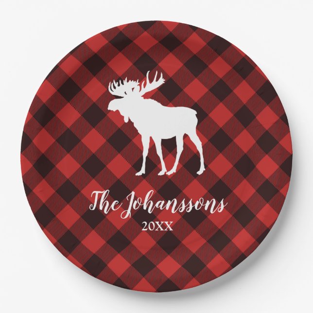 Moose and Buffalo Red and Black Plaid Christmas Paper Plates (Front)