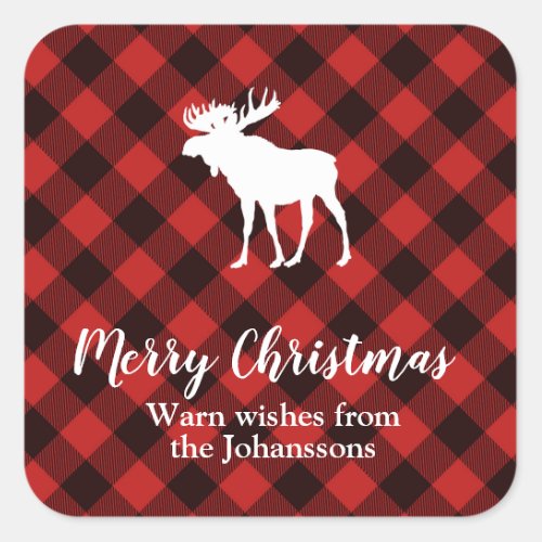 Moose and Buffalo Red and Black Plaid Christmas Square Sticker
